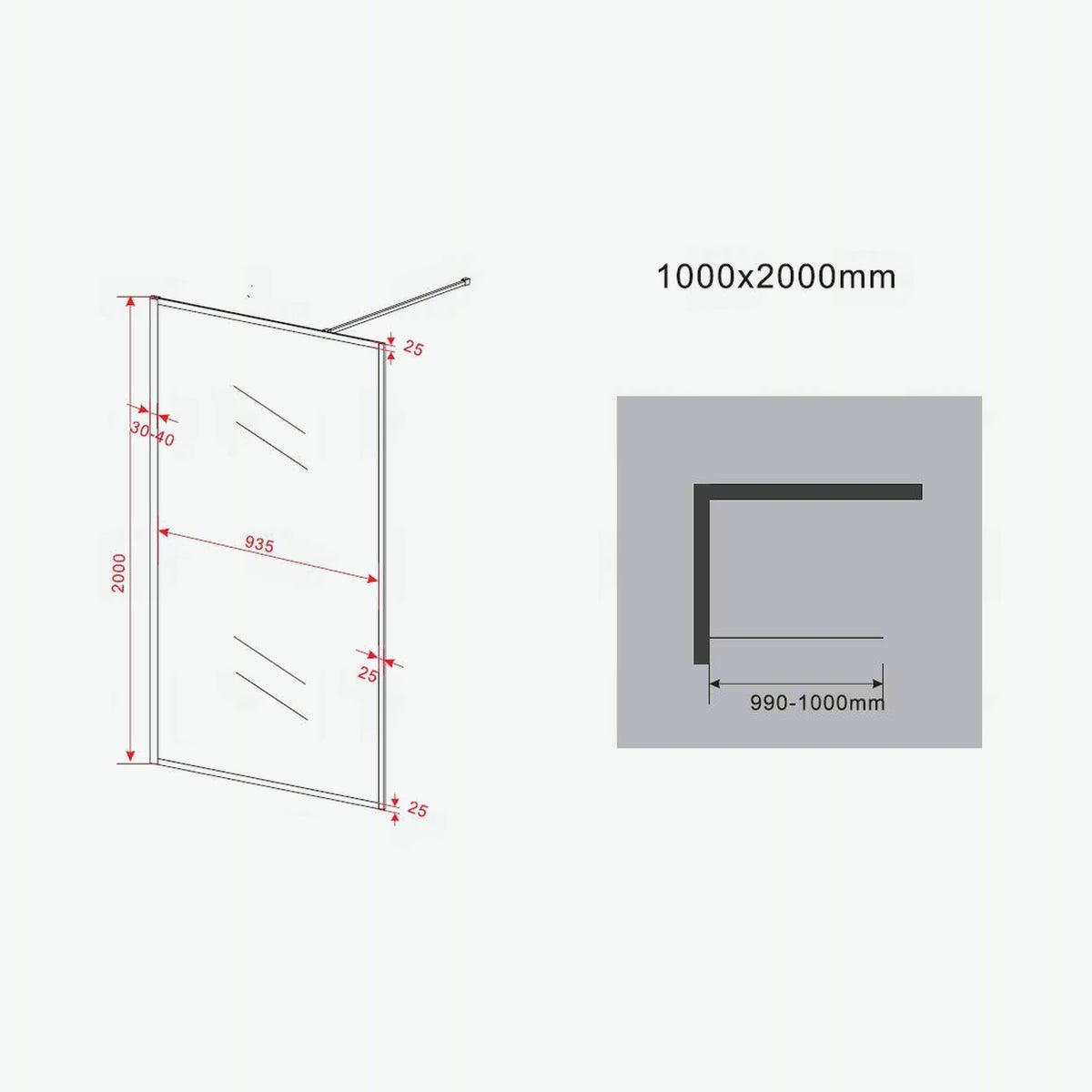 Walk-in Duschwand TRIM 8 mm, Maßzeichnung 100 × 200 cm, AKKAYA Bauelemente Hagen