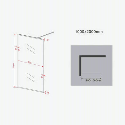 Walk-in Duschwand TRIM 8 mm, Maßzeichnung 100 × 200 cm, AKKAYA Bauelemente Hagen