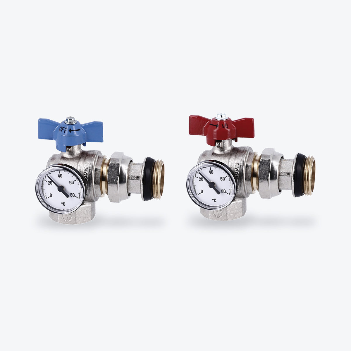 Verteiler-Anschluss-Set Eckform mit rotem und blauem Kugelhahn und Thermometer