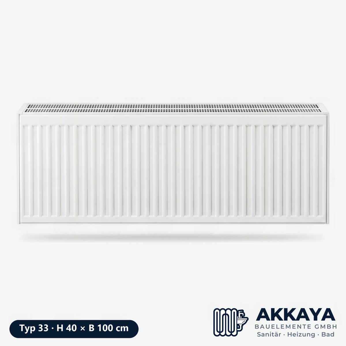 Ventilheizkörper Typ 33, weiß, Höhe 40 cm, Breite 100 cm – Größenvisualisierung.