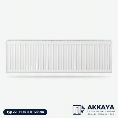 Ventilheizkörper Typ 22, weiß, Höhe 40 cm, Breite 120 cm – Größenvisualisierung.