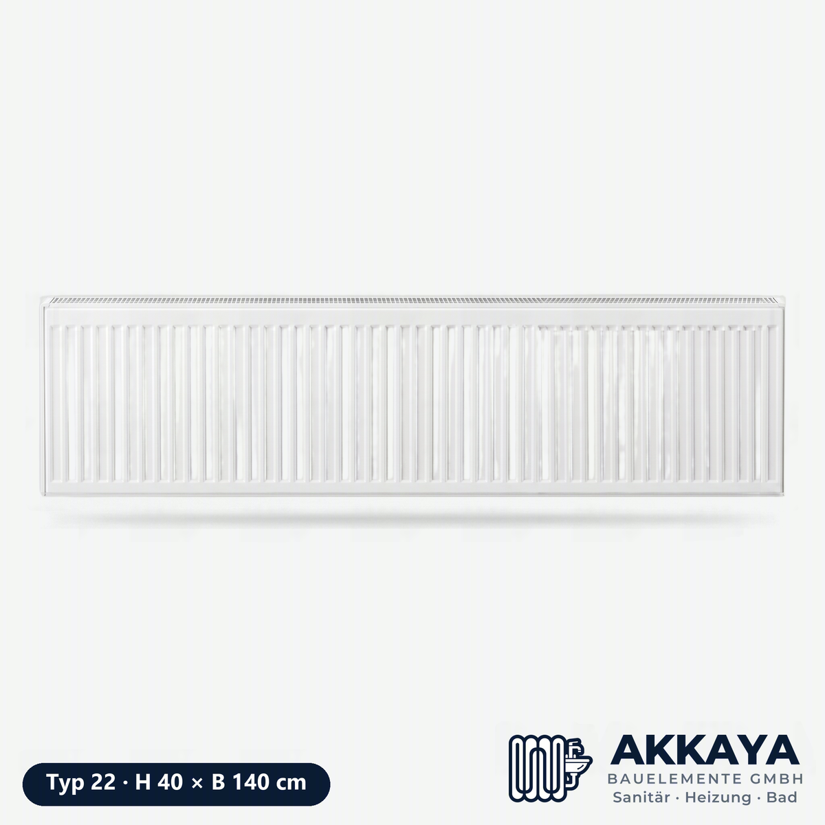Ventilheizkörper Typ 22, weiß, Höhe 40 cm, Breite 140 cm – Größenvisualisierung.