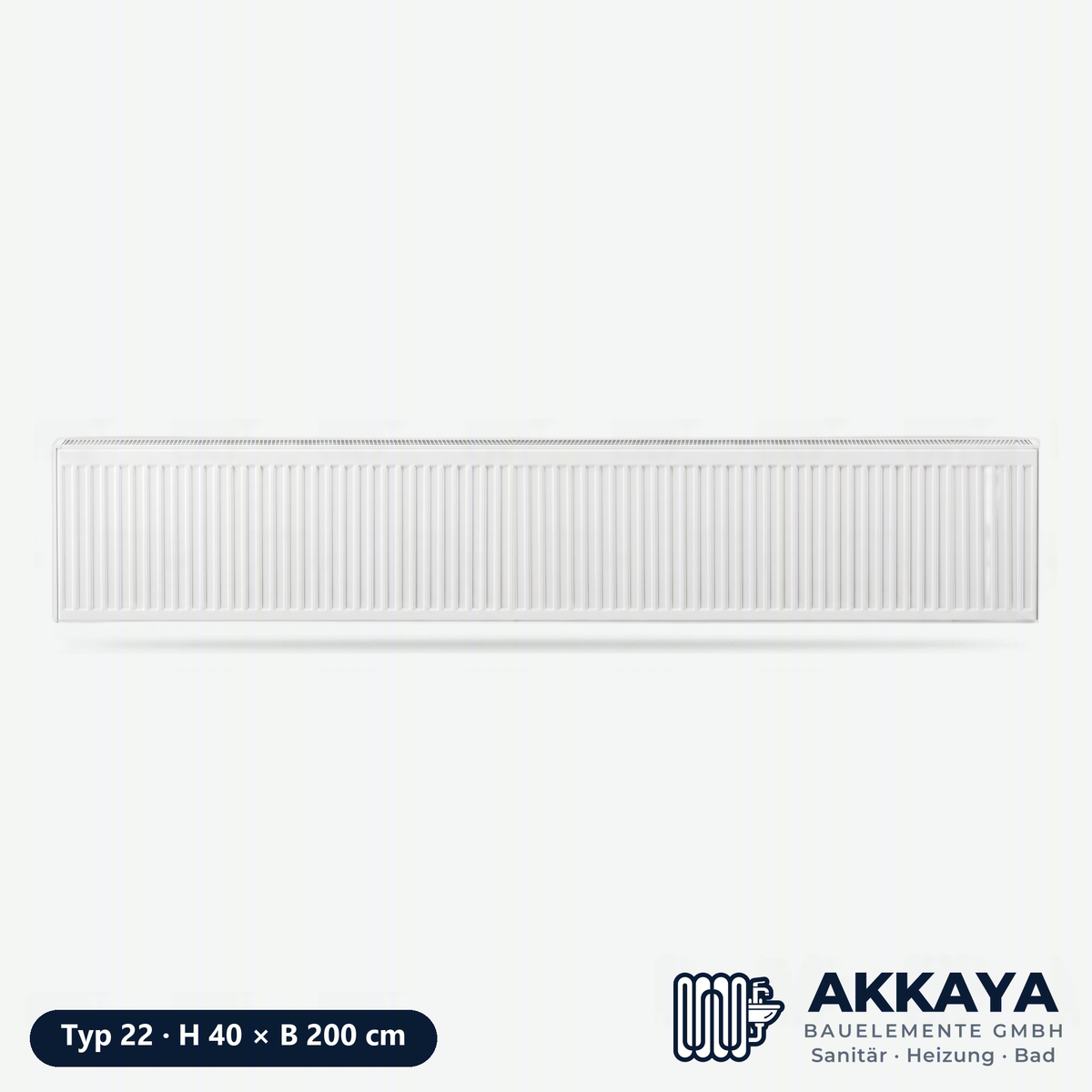 Ventilheizkörper Typ 22, weiß, Höhe 40 cm, Breite 200 cm – Größenvisualisierung.