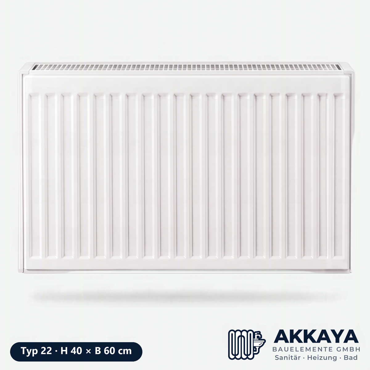 Ventilheizkörper Typ 22, weiß, Höhe 40 cm, Breite 60 cm – Größenvisualisierung.