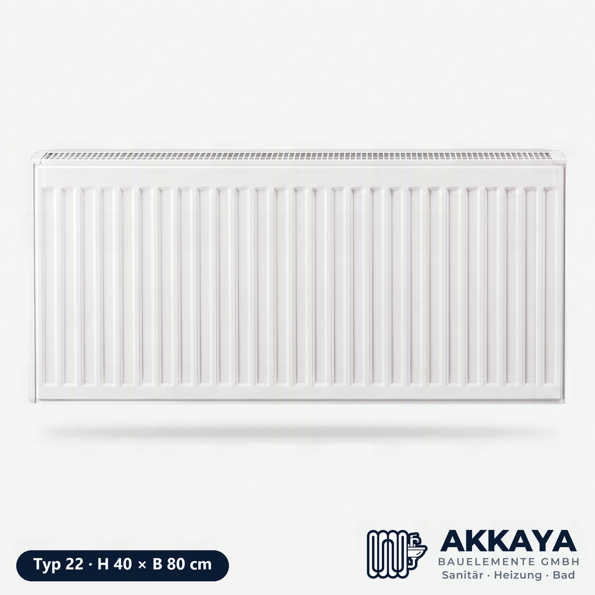Ventilheizkörper Typ 22, weiß, Höhe 40 cm, Breite 80 cm – Größenvisualisierung.
