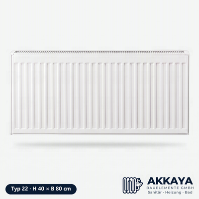 Ventilheizkörper Typ 22, weiß, Höhe 40 cm, Breite 80 cm – Größenvisualisierung.