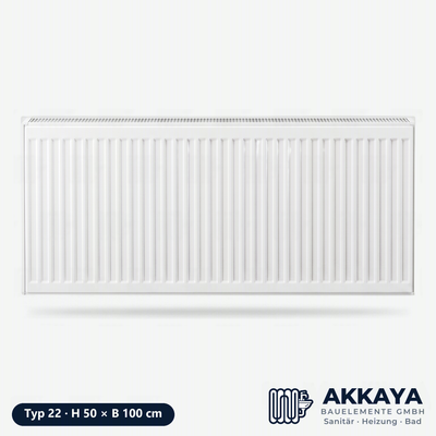 Ventilheizkörper Typ 22, weiß, Höhe 50 cm, Breite 100 cm – Größenvisualisierung.