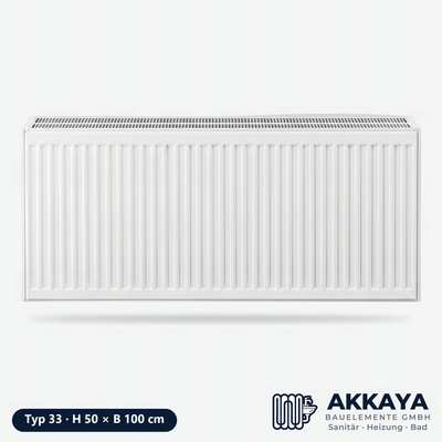 Ventilheizkörper Typ 33, weiß, Höhe 50 cm, Breite 100 cm – Größenvisualisierung.