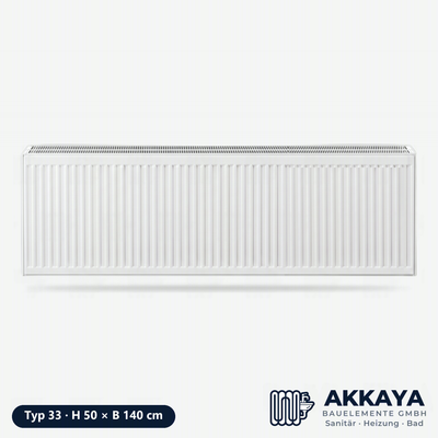 Ventilheizkörper Typ 33, weiß, Höhe 50 cm, Breite 140 cm – Größenvisualisierung.