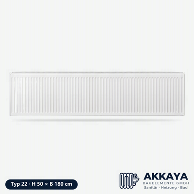 Ventilheizkörper Typ 22, weiß, Höhe 50 cm, Breite 180 cm – Größenvisualisierung.