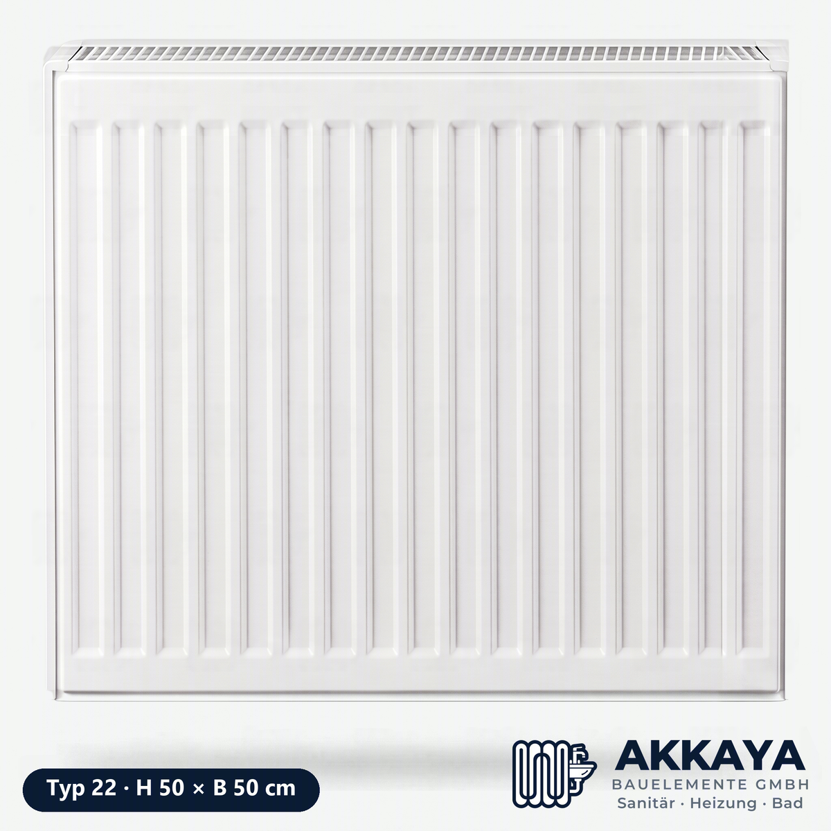 Ventilheizkörper Typ 22, weiß, Höhe 50 cm, Breite 50 cm – Größenvisualisierung.