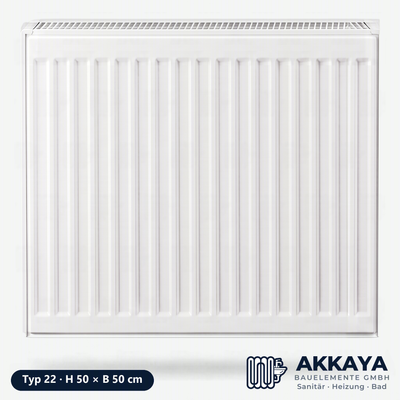Ventilheizkörper Typ 22, weiß, Höhe 50 cm, Breite 50 cm – Größenvisualisierung.