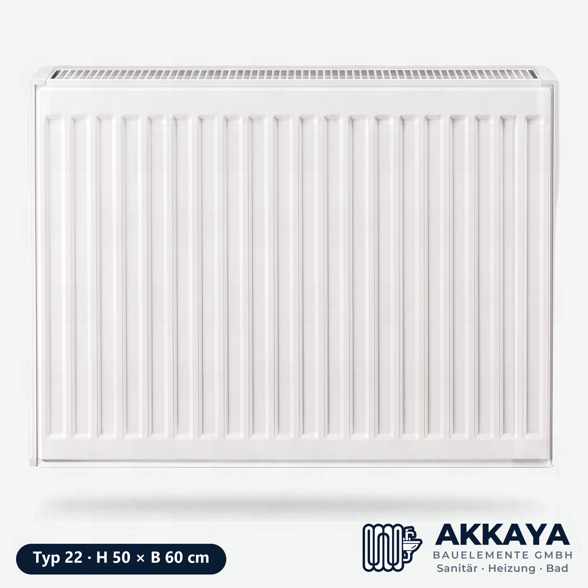 Ventilheizkörper Typ 22, weiß, Höhe 50 cm, Breite 60 cm – Größenvisualisierung.