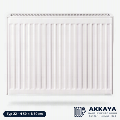 Ventilheizkörper Typ 22, weiß, Höhe 50 cm, Breite 60 cm – Größenvisualisierung.