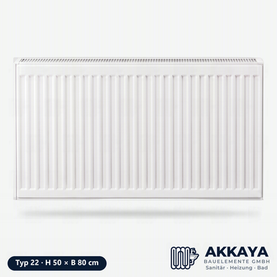 Ventilheizkörper Typ 22, weiß, Höhe 50 cm, Breite 80 cm – Größenvisualisierung.