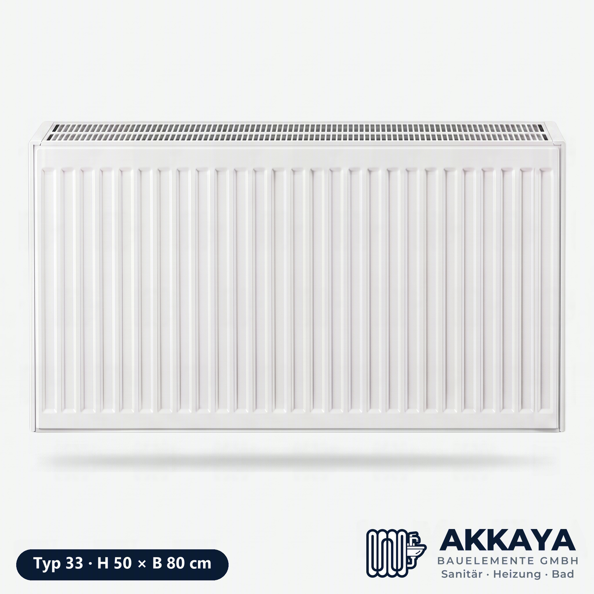 Ventilheizkörper Typ 33, weiß, Höhe 50 cm, Breite 80 cm – Größenvisualisierung.