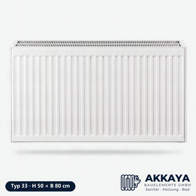 Ventilheizkörper Typ 33, weiß, Höhe 50 cm, Breite 80 cm – Größenvisualisierung.