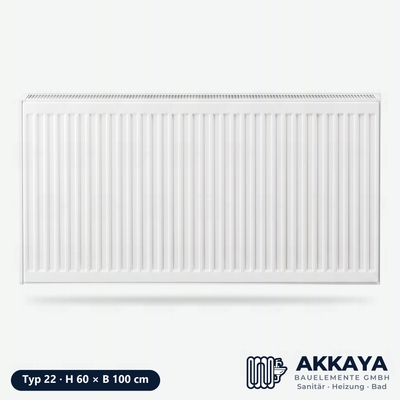 Ventilheizkörper Typ 22, weiß, Höhe 60 cm, Breite 100 cm – Größenvisualisierung.