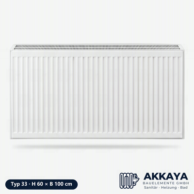 Ventilheizkörper Typ 33, weiß, Höhe 60 cm, Breite 100 cm – Größenvisualisierung.
