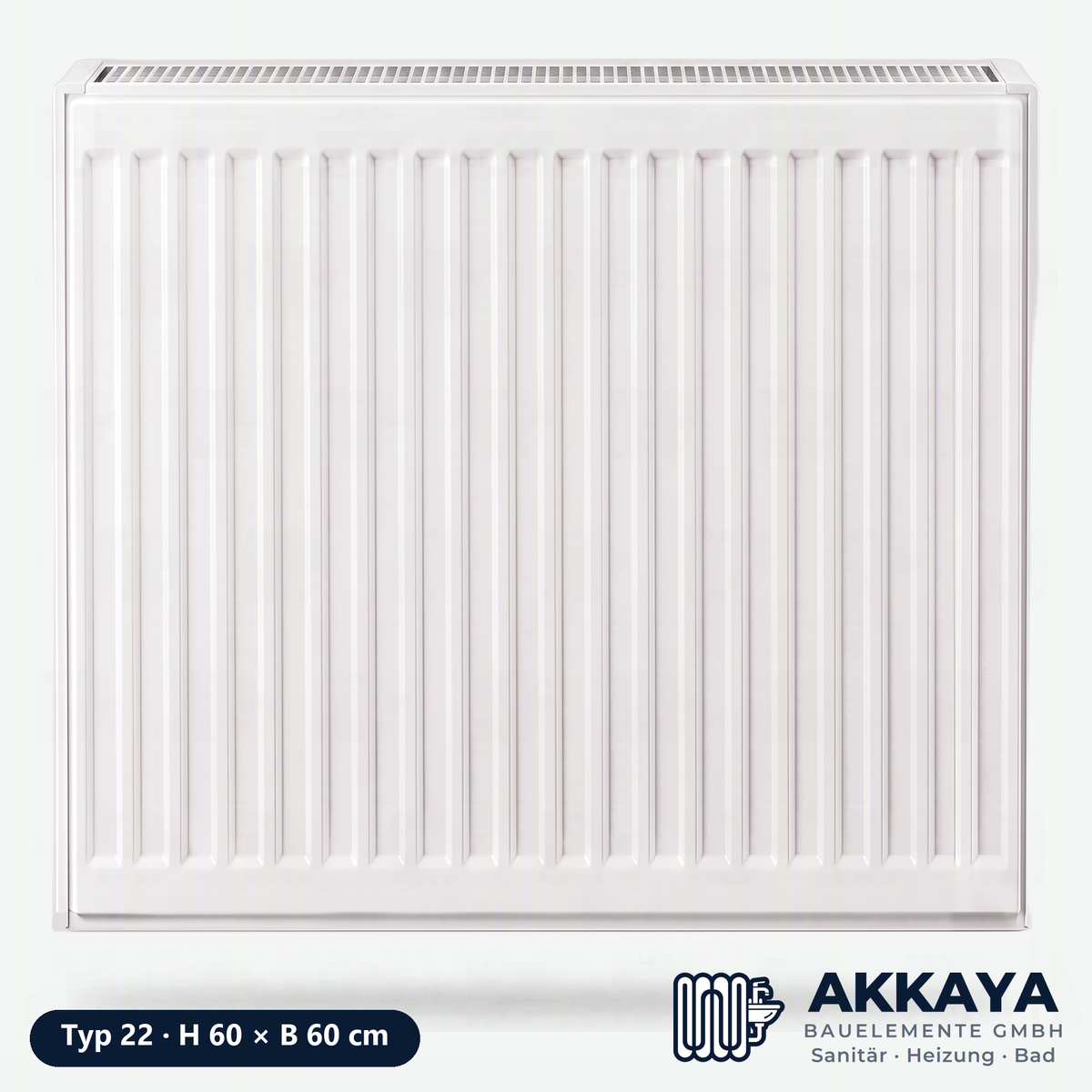 Ventilheizkörper Typ 22, weiß, Höhe 60 cm, Breite 60 cm – Größenvisualisierung.