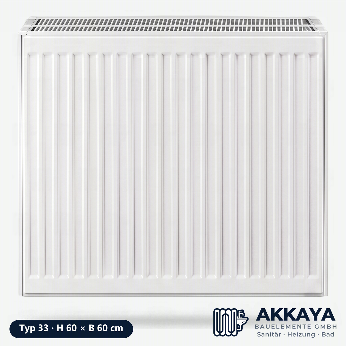 Ventilheizkörper Typ 33, weiß, Höhe 60 cm, Breite 60 cm – Größenvisualisierung.