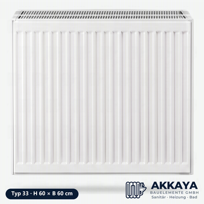 Ventilheizkörper Typ 33, weiß, Höhe 60 cm, Breite 60 cm – Größenvisualisierung.