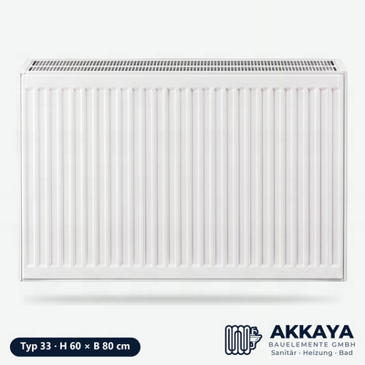 Ventilheizkörper Typ 33, weiß, Höhe 60 cm, Breite 80 cm – Größenvisualisierung.
