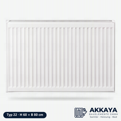 Ventilheizkörper Typ 22, weiß, Höhe 60 cm, Breite 80 cm – Größenvisualisierung.
