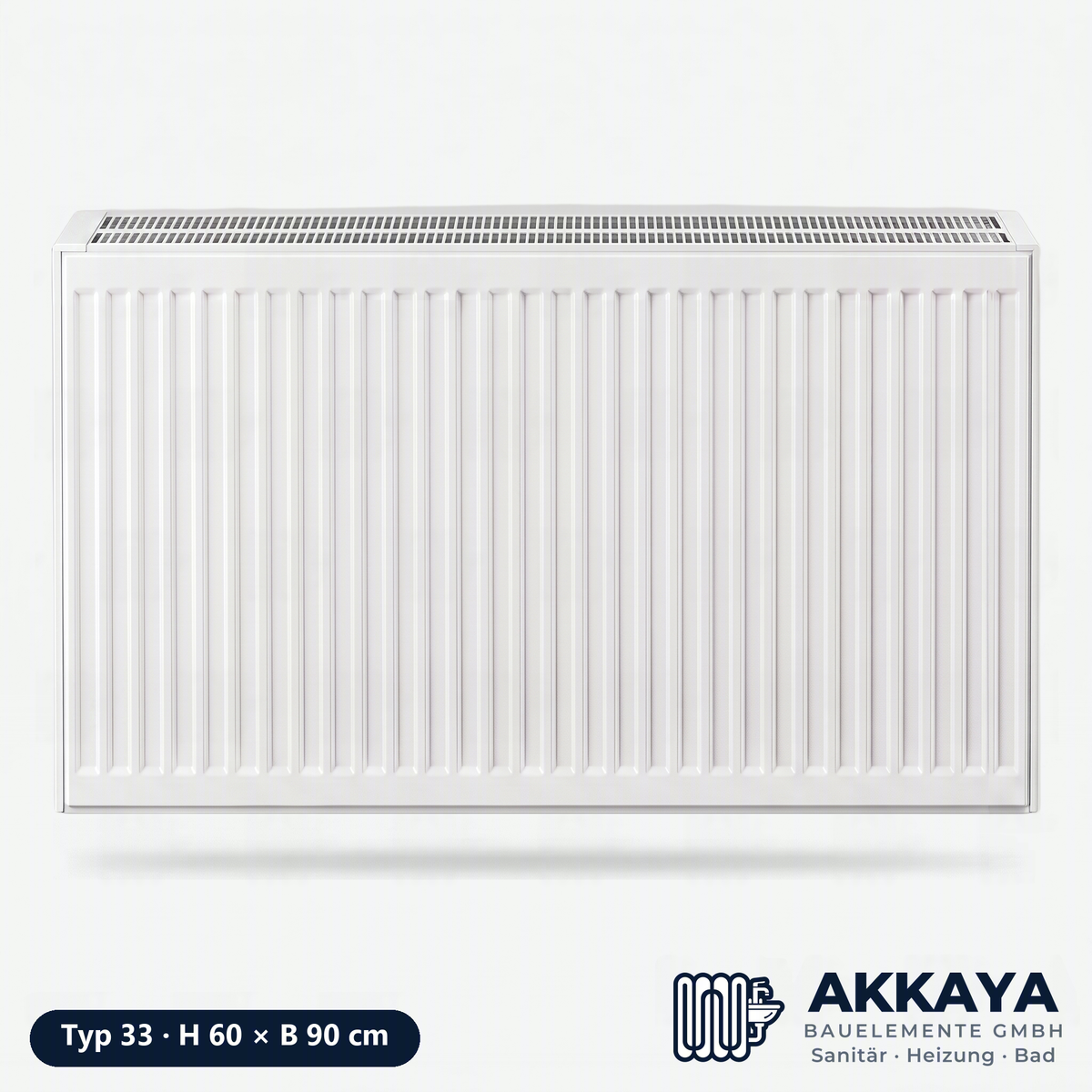 Ventilheizkörper Typ 33, weiß, Höhe 60 cm, Breite 90 cm – Größenvisualisierung.
