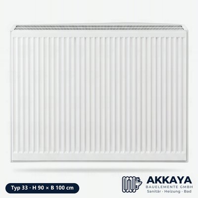 Ventilheizkörper Typ 33, weiß, Höhe 90 cm, Breite 100 cm – Größenvisualisierung.