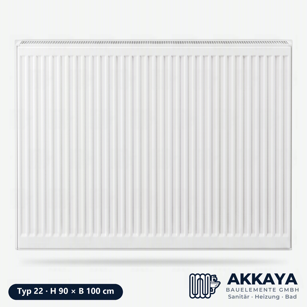 Ventilheizkörper Typ 22, weiß, Höhe 90 cm, Breite 100 cm – Größenvisualisierung.