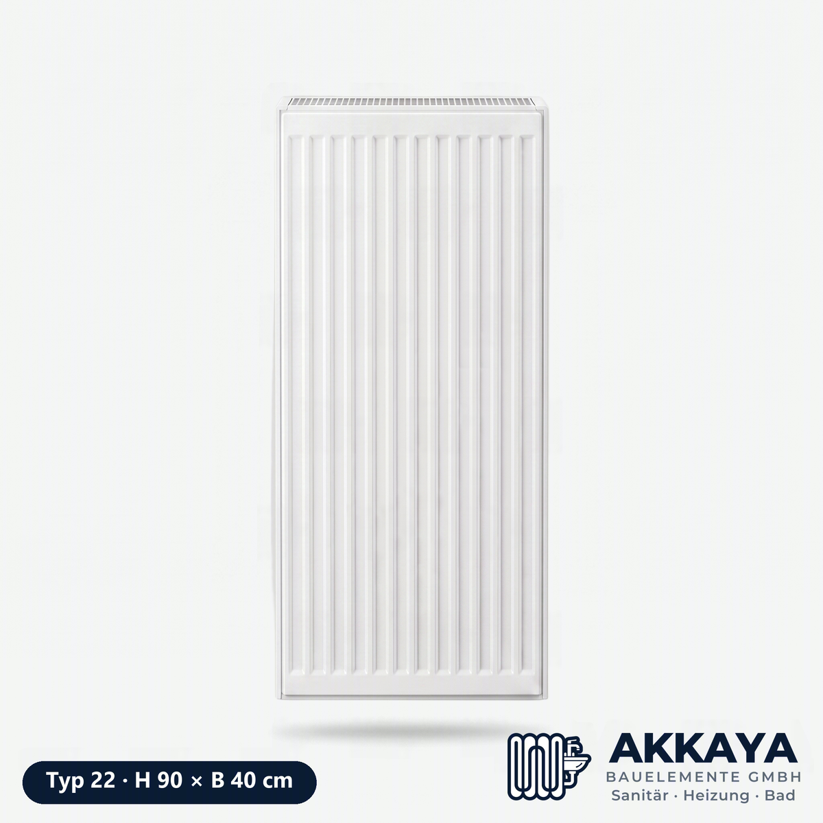 Ventilheizkörper Typ 22, weiß, Höhe 90 cm, Breite 40 cm – Größenvisualisierung.