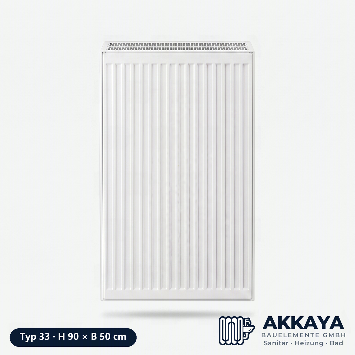 Ventilheizkörper Typ 33, weiß, Höhe 90 cm, Breite 50 cm – Größenvisualisierung.