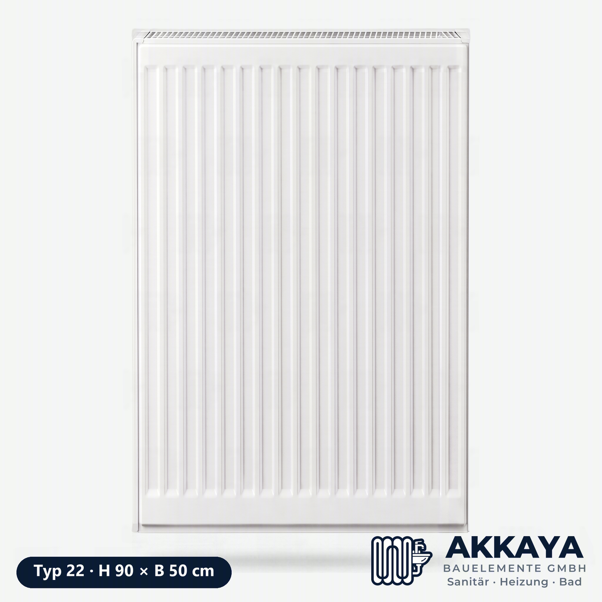 Ventilheizkörper Typ 22, weiß, Höhe 90 cm, Breite 50 cm – Größenvisualisierung.