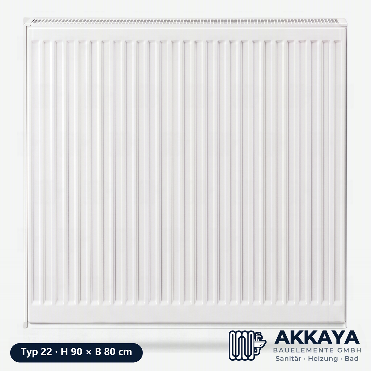 Ventilheizkörper Typ 22, weiß, Höhe 90 cm, Breite 80 cm – Größenvisualisierung.