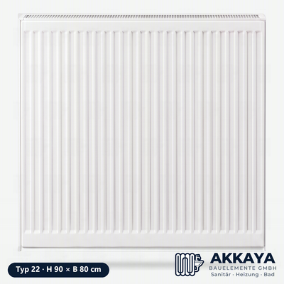 Ventilheizkörper Typ 22, weiß, Höhe 90 cm, Breite 80 cm – Größenvisualisierung.