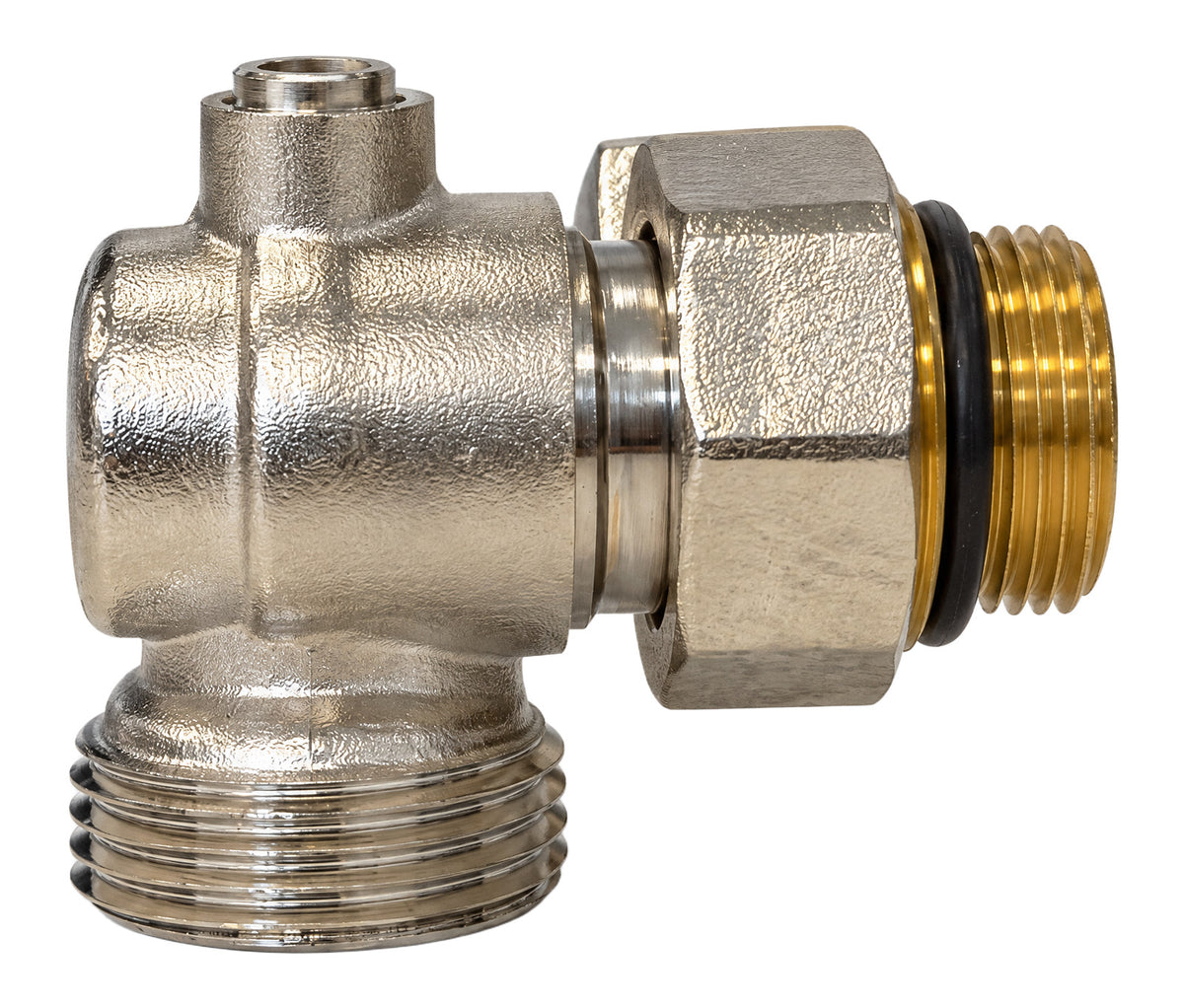 Zweirohr-Hahnblock in Eckform mit 3/4″ Eurokonus und 1/2″ Heizkörperanschluss, Ansicht 2