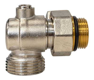 Zweirohr-Hahnblock in Eckform mit 3/4″ Eurokonus und 1/2″ Heizkörperanschluss, Ansicht 2